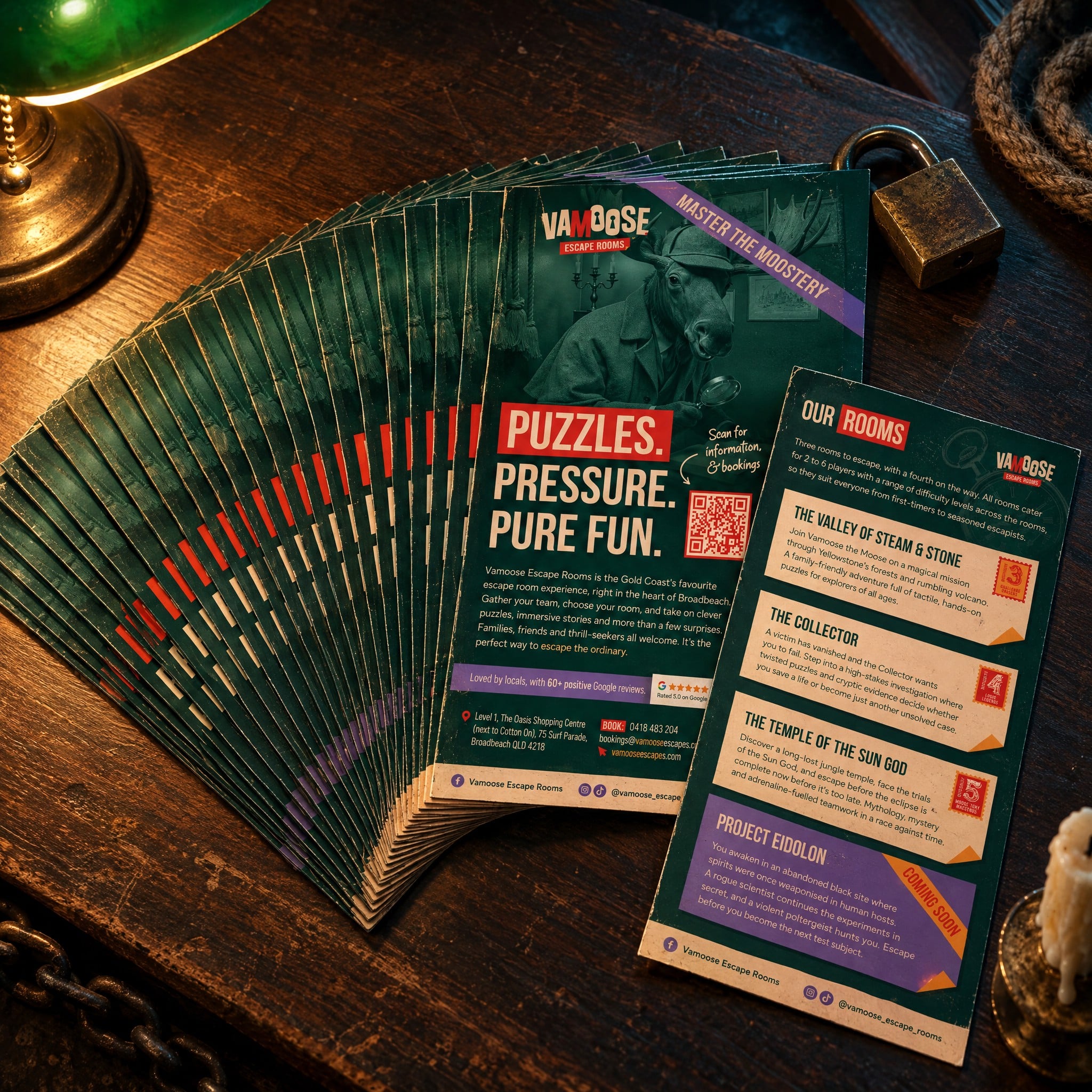 Vamoose Escape Rooms DL Flyers Fanned On Desk Mockup