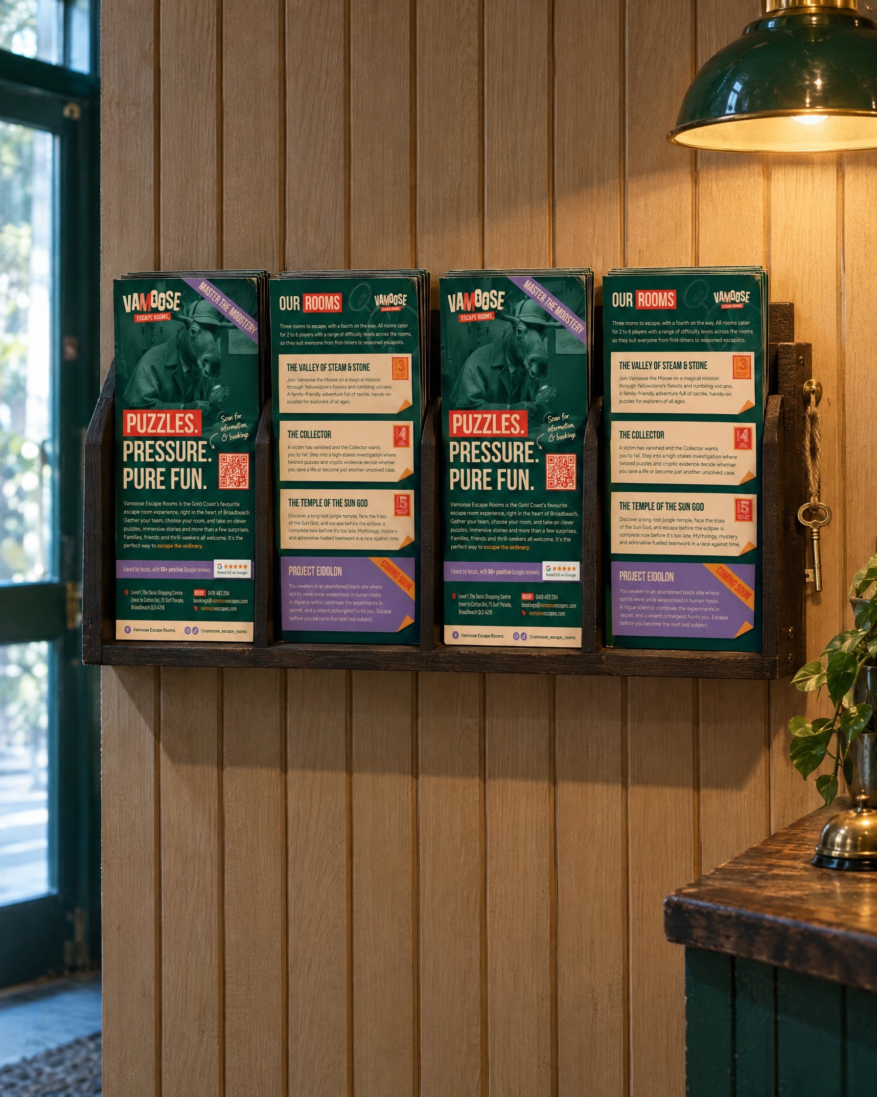 Vamoose Escape Rooms DL Flyers In Brochure Rack Mockup