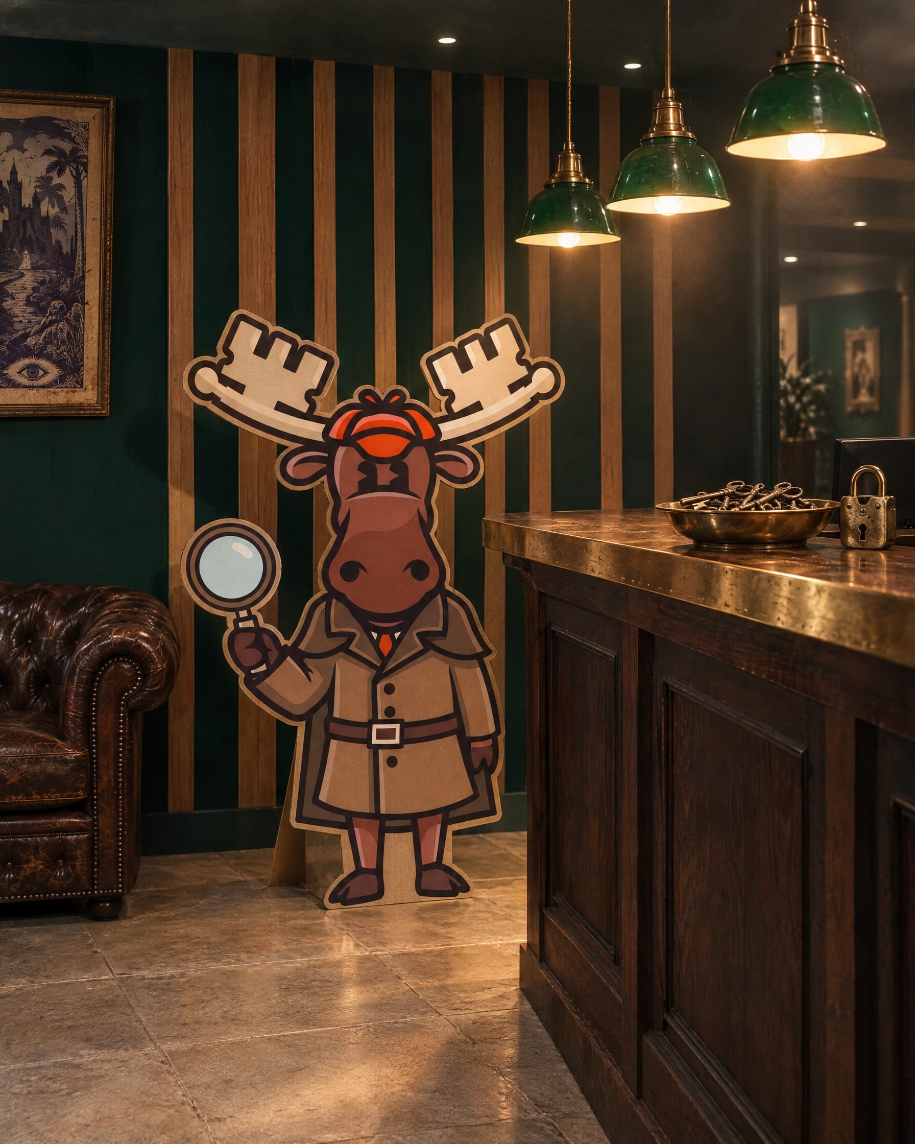 Vamoose Escape Rooms Detective Moose Cut Out At Reception Mockup