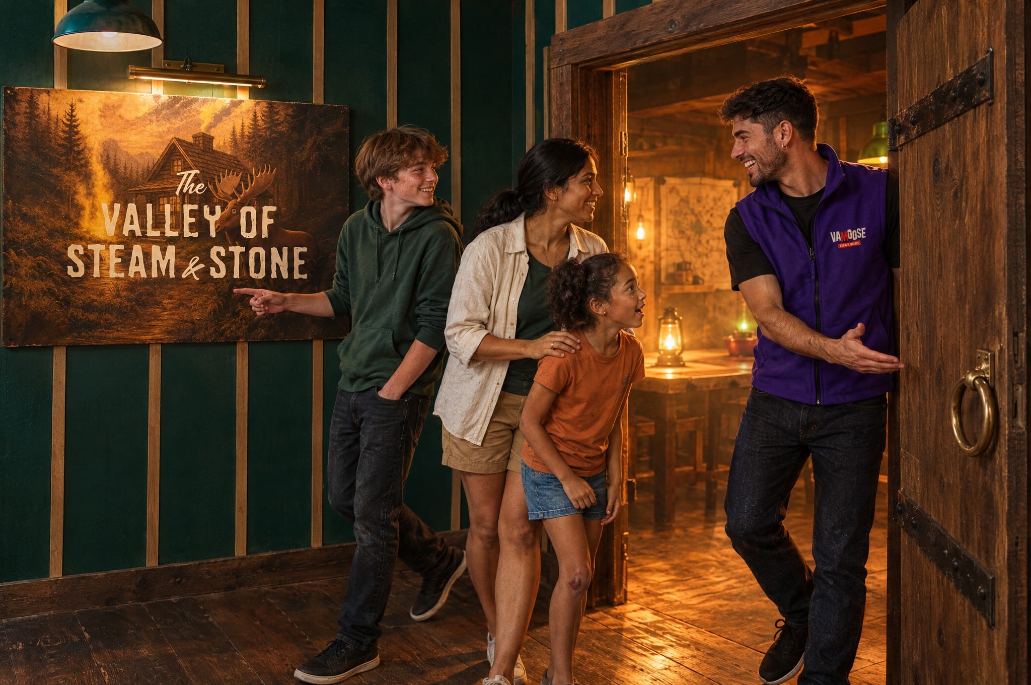 Vamoose Escape Rooms Family Entering Valley Of Steam And Stone Room Mockup
