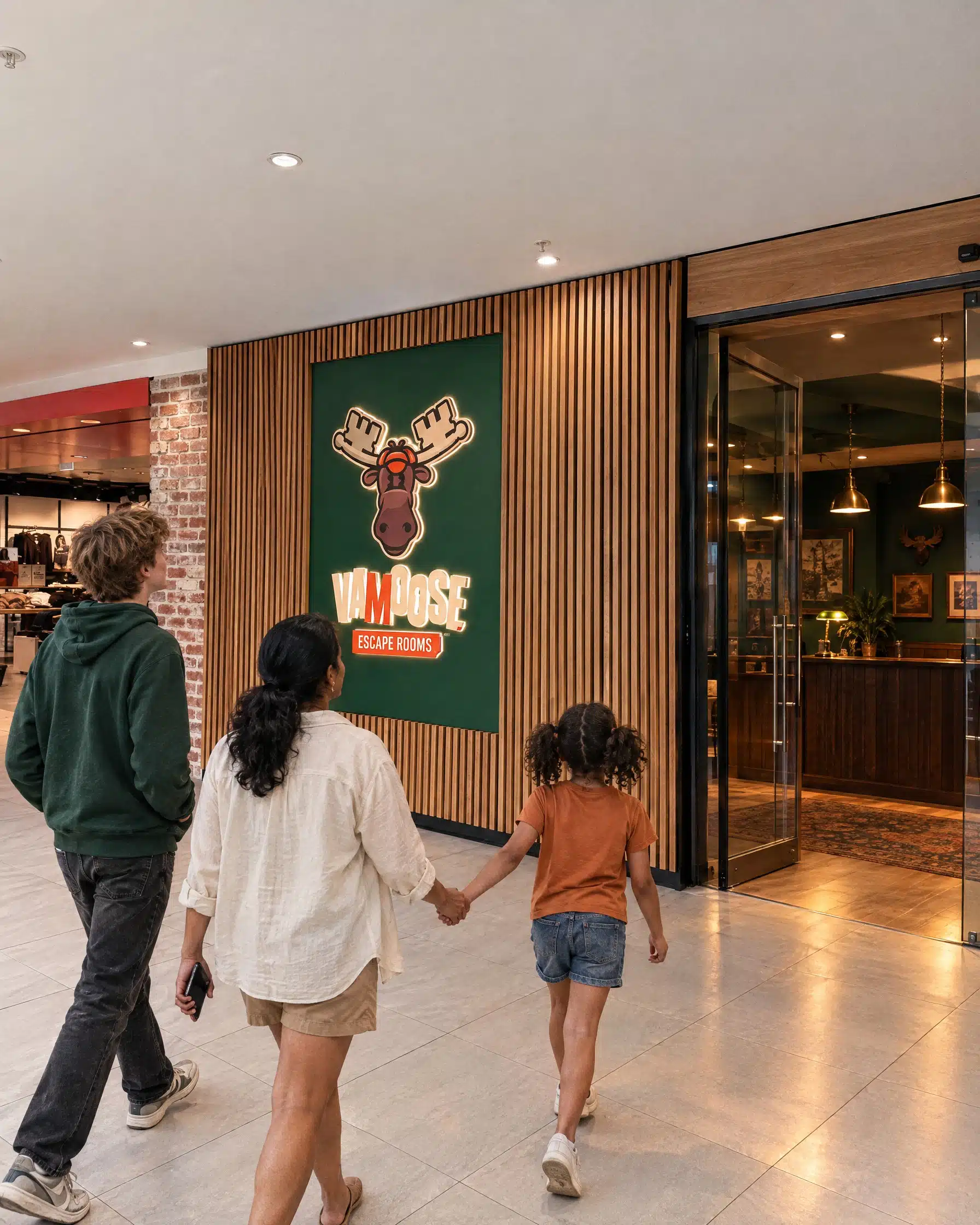 Vamoose Escape Rooms Family Walking Into Shopfront Mockup