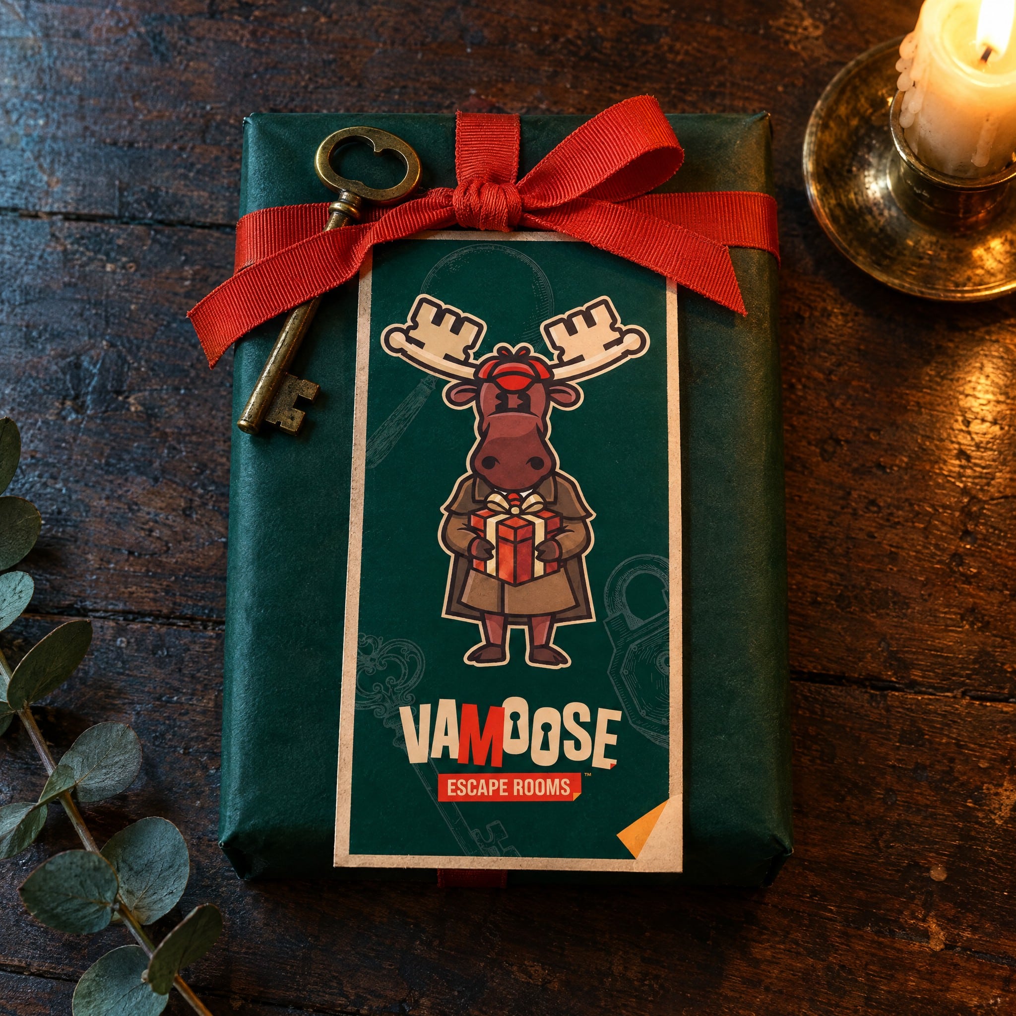 Vamoose Escape Rooms Gift Wrapped Present With Mascot Card Mockup