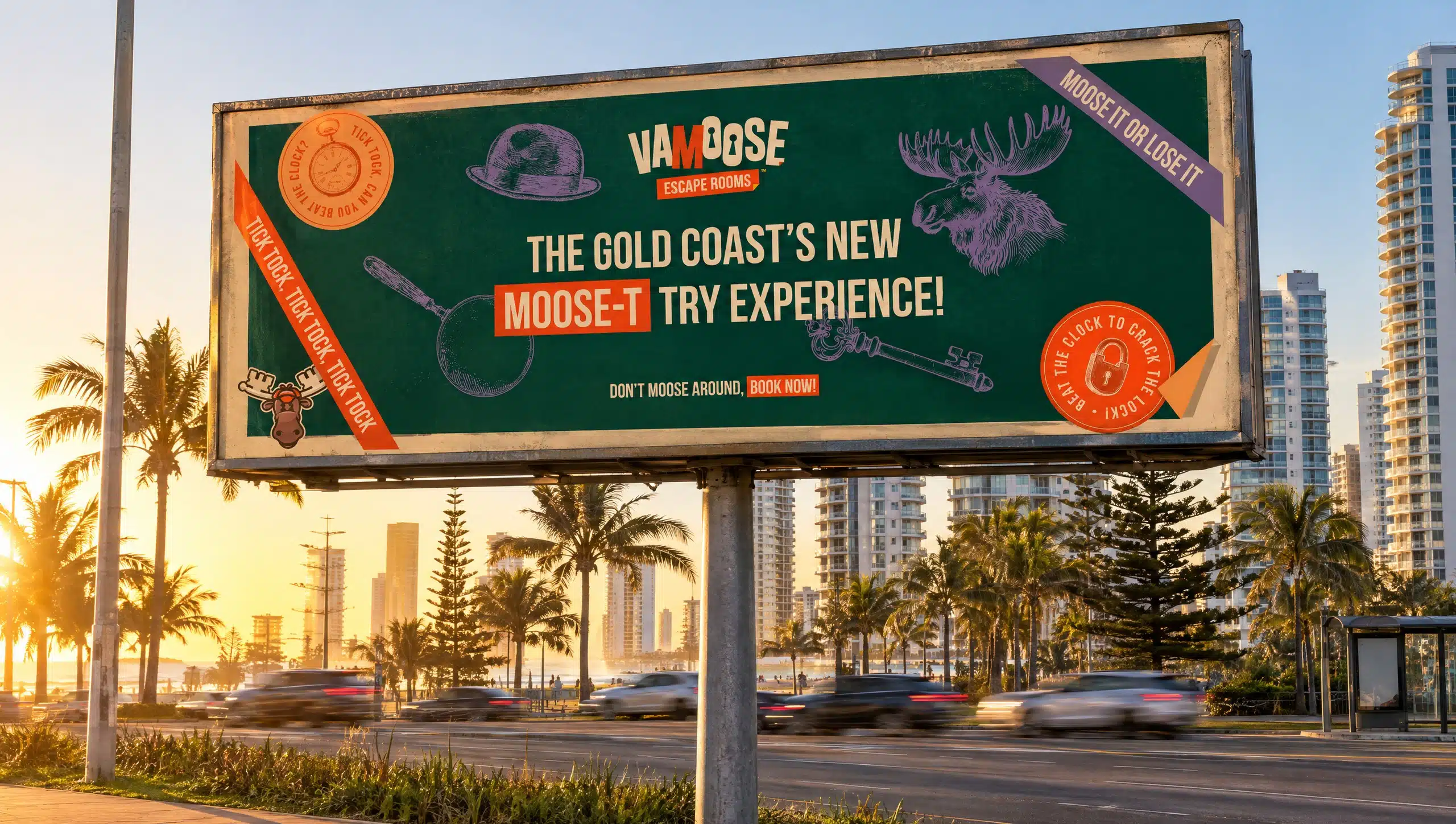 Vamoose Escape Rooms Gold Coast Billboard Sunset Mockup