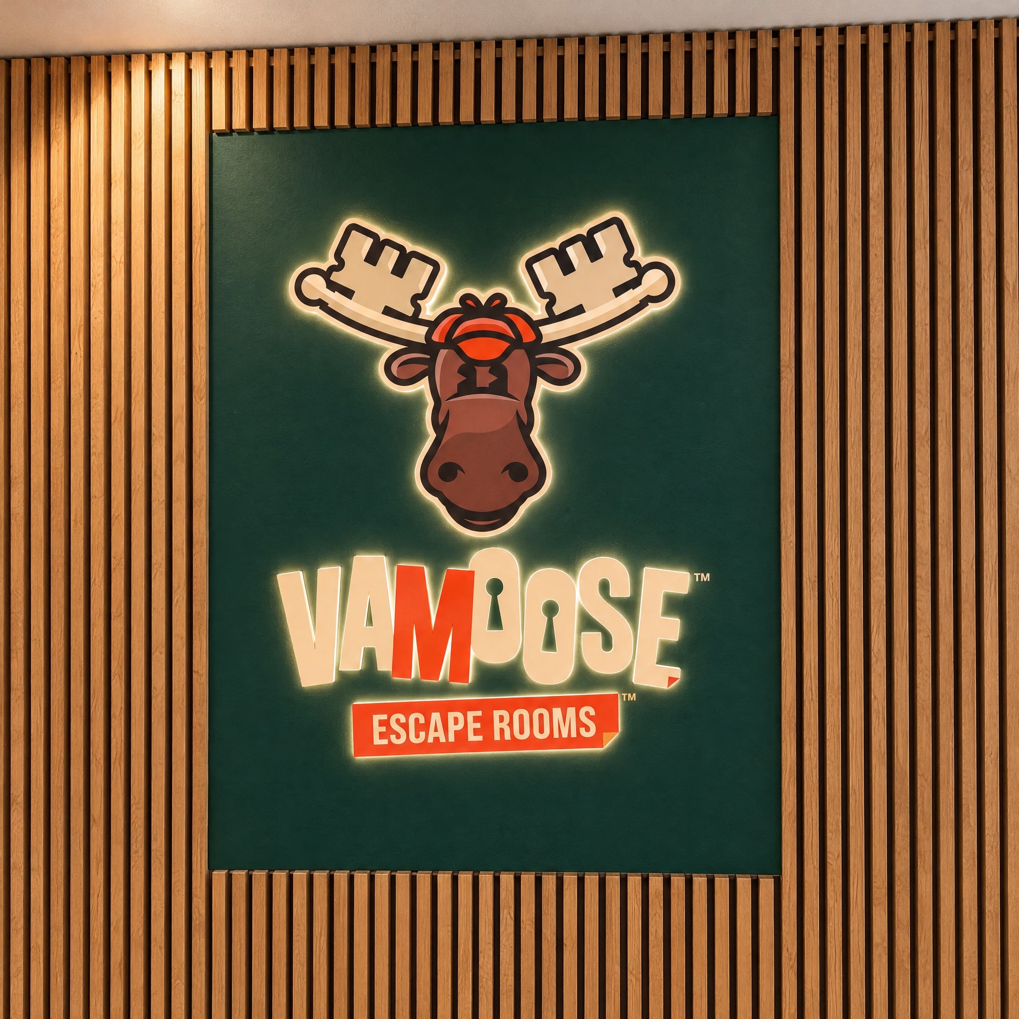 Vamoose Escape Rooms Logo Signage Mockup