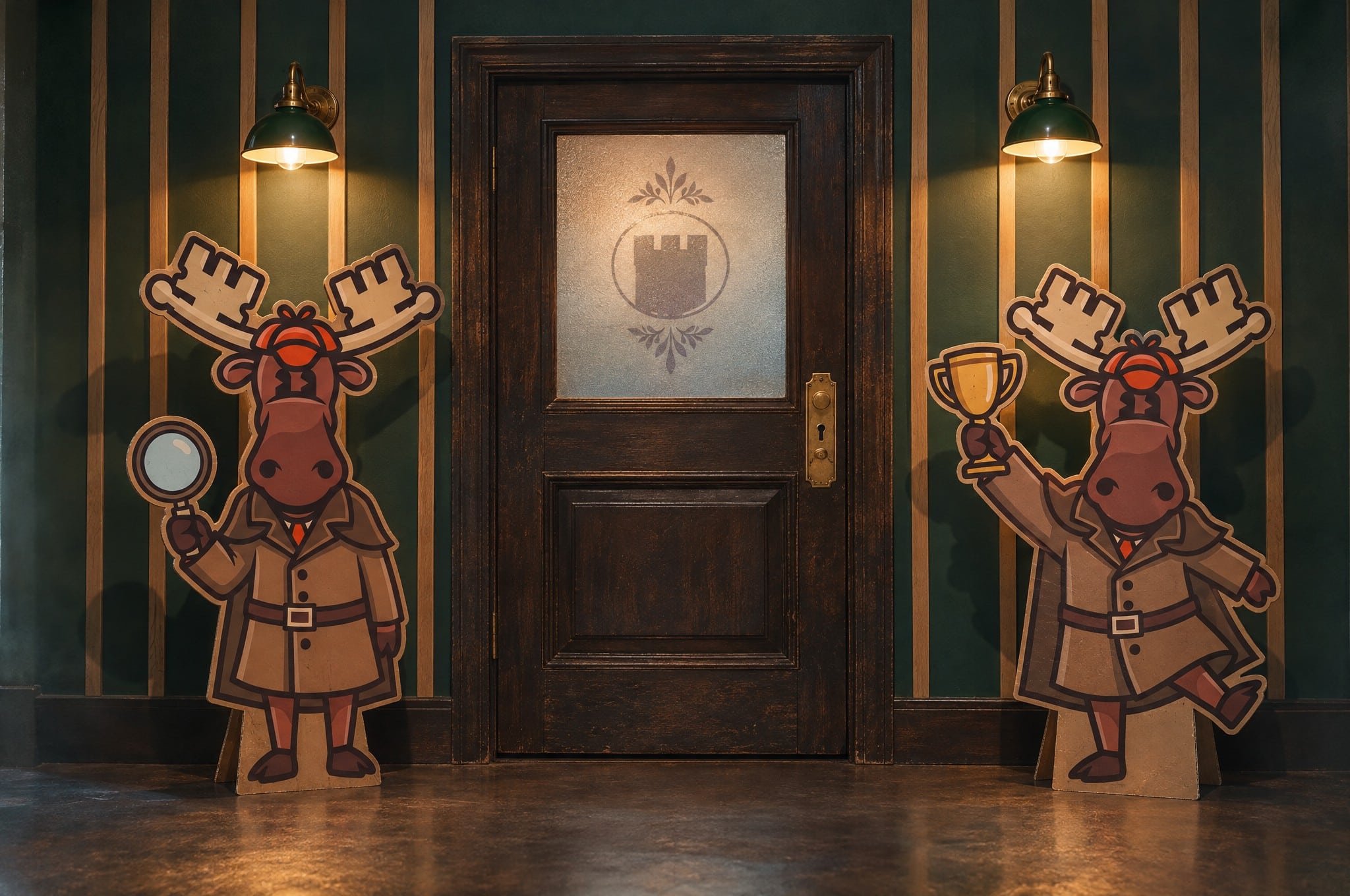 Vamoose Escape Rooms Mascot Cut Outs Beside Room Door Mockup