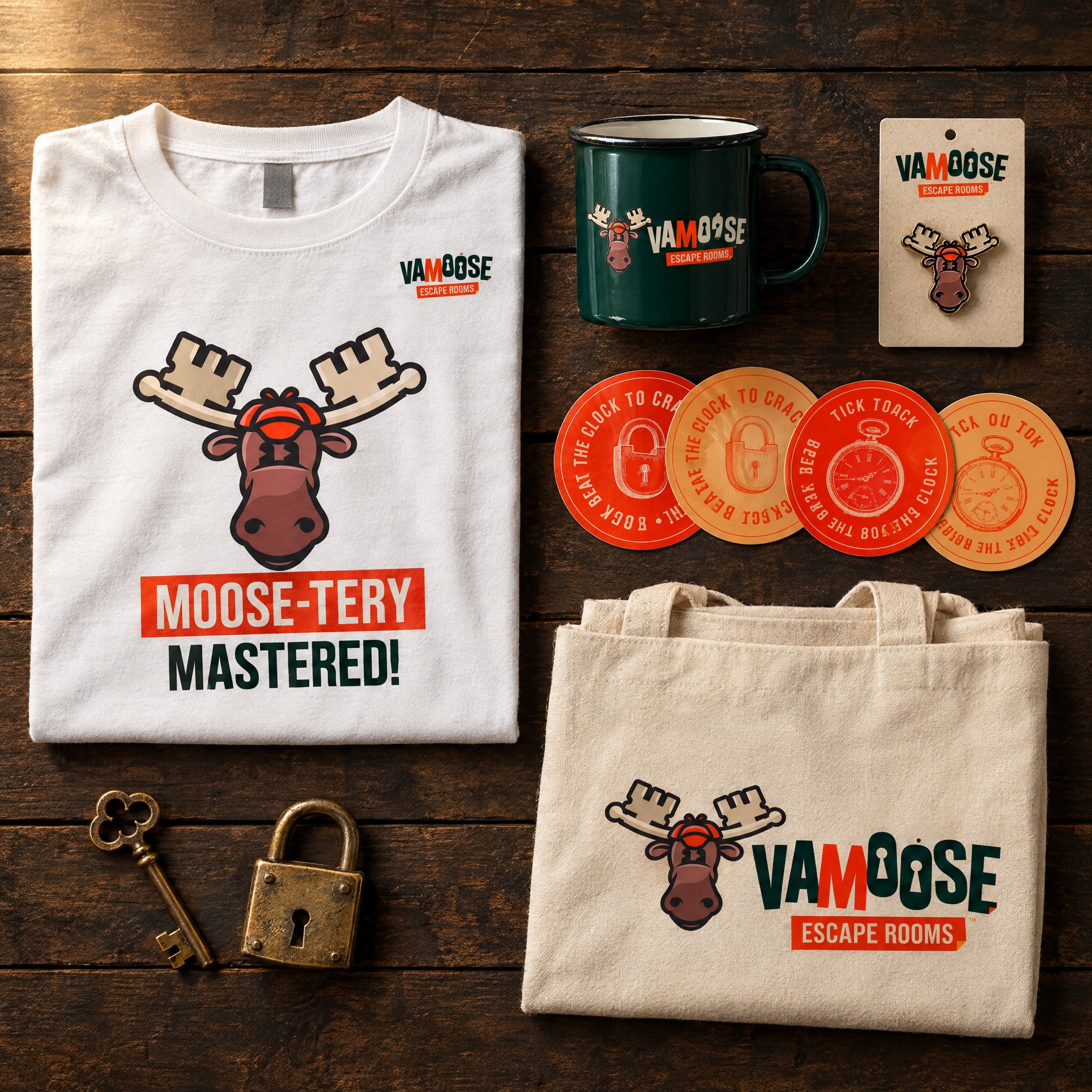Vamoose Escape Rooms Merch Collection Flat Lay Mockup