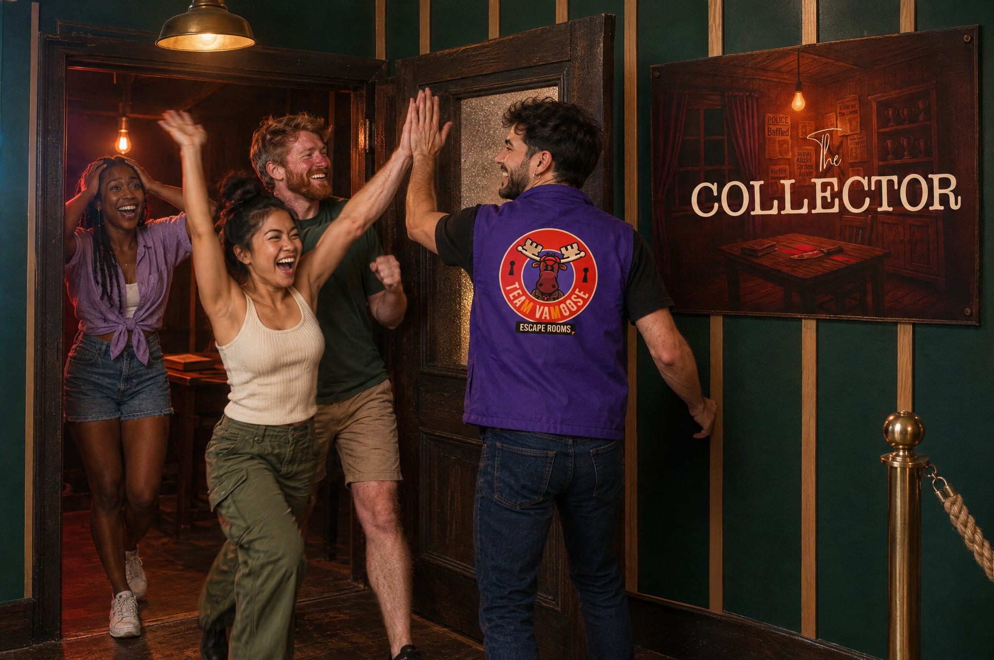 Vamoose Escape Rooms Team Celebrating Escape From The Collector Mockup