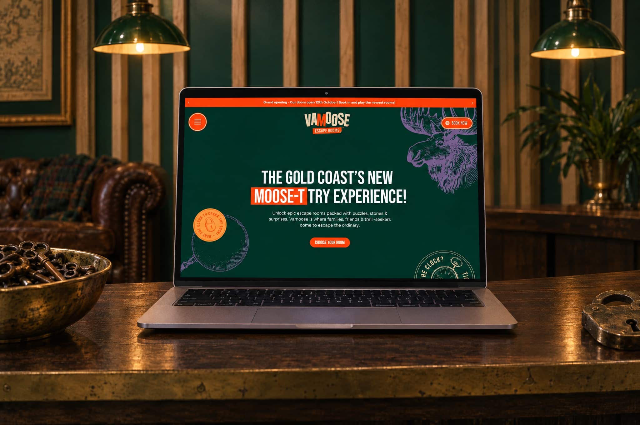 Vamoose Escape Rooms Website Homepage Laptop In Lounge Mockup