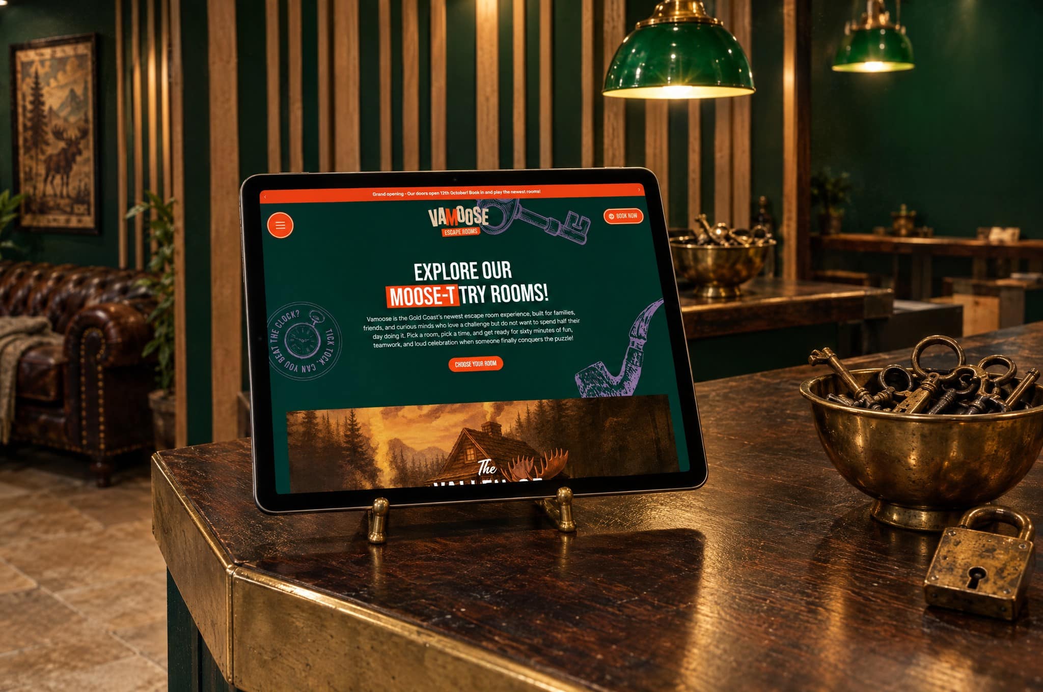 Vamoose Escape Rooms Website Rooms Page Tablet On Stand Mockup